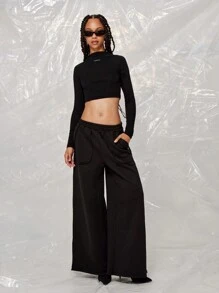 SUMWON WOMEN Wide Leg Outside Pockets Jogger - Black - View 4