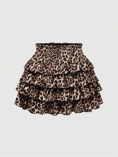 J-Fashion Women's Gyaru Summer Leopard Print Layered Ruffle Hem Skirt