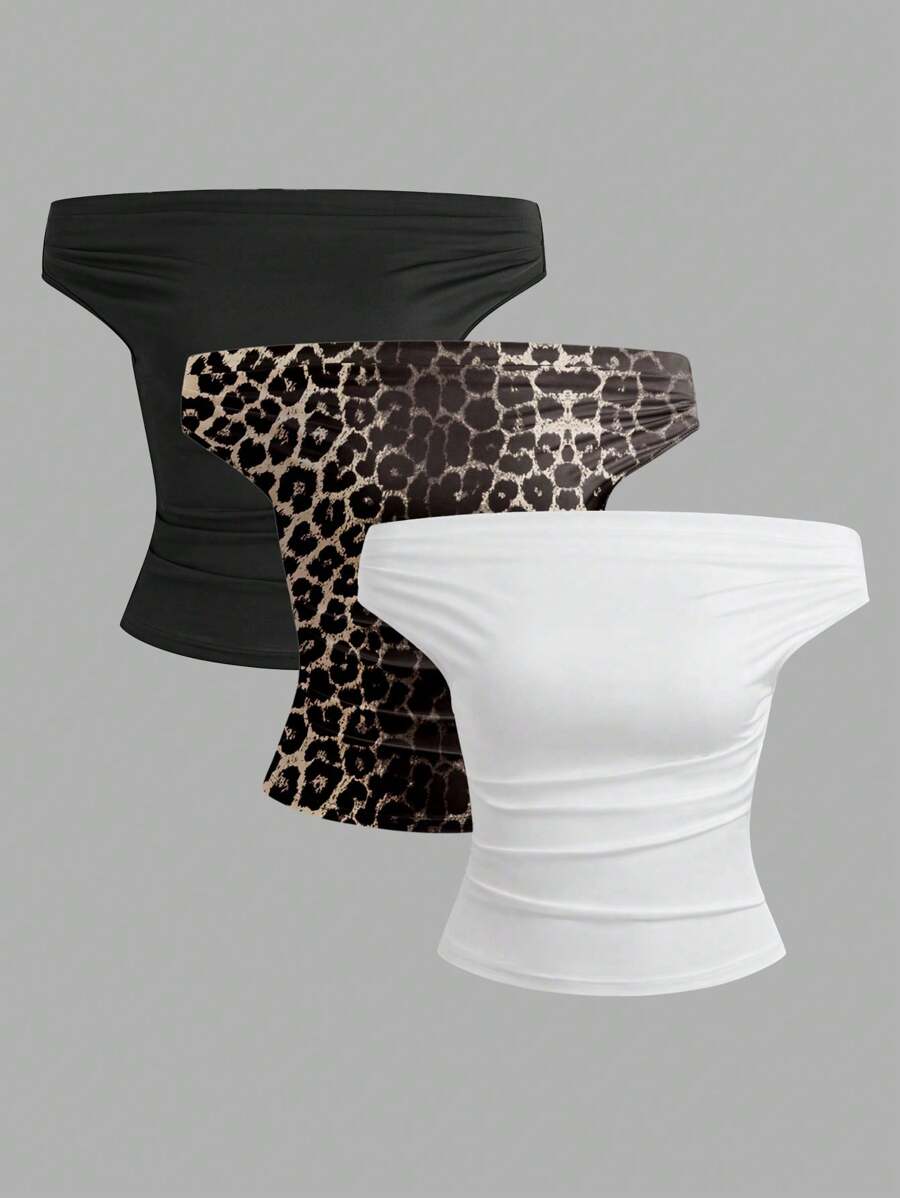 Sweetra Women's Pleated Fashion Fitted Off Shoulder Top (Abstract Print) - Multicolor - View 1