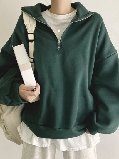 DAZY ソリッド ハーフジップ ドロップショルダー オーバーサイズ スウェットシャツ、長袖トップス、秋の女性服