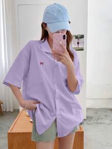 DAZY 女式蝴蝶结刺绣装饰短袖衬衫，休闲衬衫 - 紫色 - 查看 4