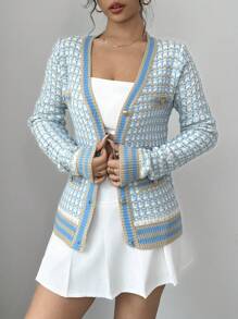 Selianne Áo len cardigan dài tay thường ngày màu tương phản dành cho nữ, áo dài tay - Màu xanh lam - Xem 4