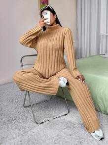 SHEIN Unity Plus Size Women's Solid Color Long Sleeve Casual Sweater And Knit Pants Set For Fall And Winter - Khaki - View 4