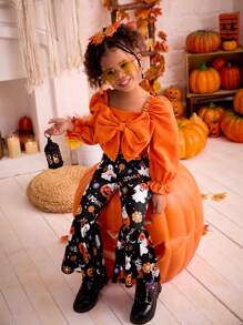 SHEIN 2pcs Young Girl Halloween Theme Knitted Square Neck Ruched Bow Decor Puff Sleeve Crop Top And Knitted Fitted Flared Pants Fall Set - Multicolor - View 5