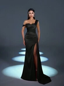 Elegant Sophisticated Satin Asymmetric Maxi Dress With Sequin-Decor Shoulder & Fish-Tailed High-Waisted Slit | Dramatic Evening Look For Galas, Parties Or Luxury Events Party Dress Wedding Guest Dress Formal Dress,Gown - 黑色 - 查看 3