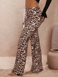 Opulessa Leopard Print Tie Front Flare Leg Pants For Vacation,Tall Women Pants,Fall Pants,VCAY - Brown - View 6