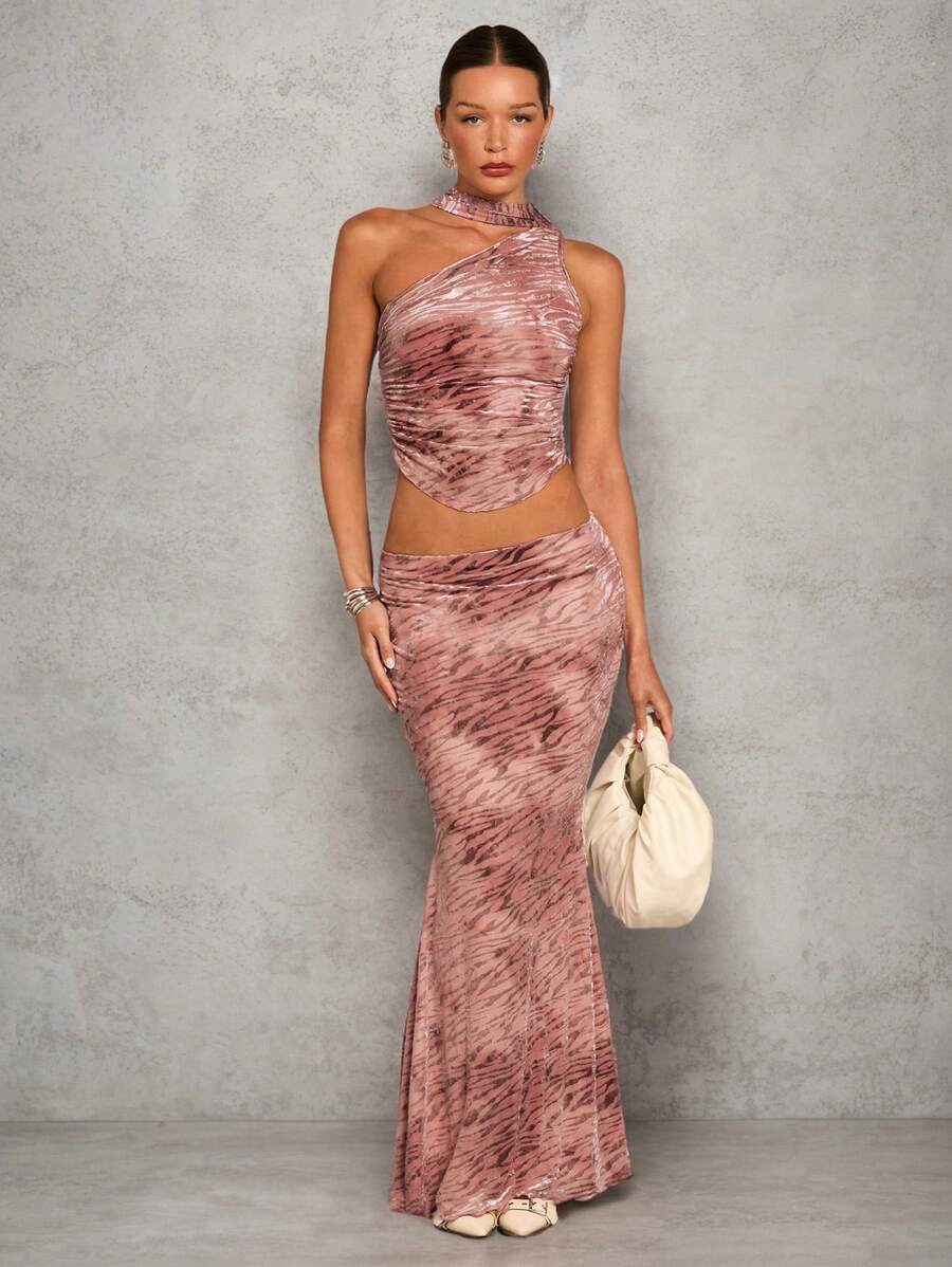 SHEIN BAE Pink Romantic And Elegant Evening Date Sexy Velvet Animal Print Low-Waisted Extra-Long Fishtail Skirt - Brown - View 1