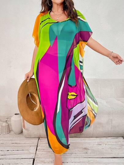 Swim Lushoire 大码女式彩色短袖罩衫 夏季