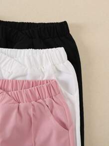 SHEIN Vintaside Kids 女童3件装粉色、黑色、白色休闲宽松喇叭七分裤，高腰直筒裤，2024新款时尚秋冬款 - 彩色 - 查看 4