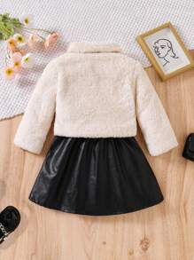 Ensemble de 3 pièces : Veste de blouson à poches moelleuses et à la mode pour jeune fille, jupe brillante & chapeau doux et moelleux, tenue d'hiver chaude - Nude - Voir 2