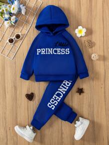 SHEIN 2 peças Conjunto de Moletom com Capuz e Estampa de Letra e Calça com Estampa de Letra para Meninas Jovens, Primavera e Outono - Azul - Visão 3