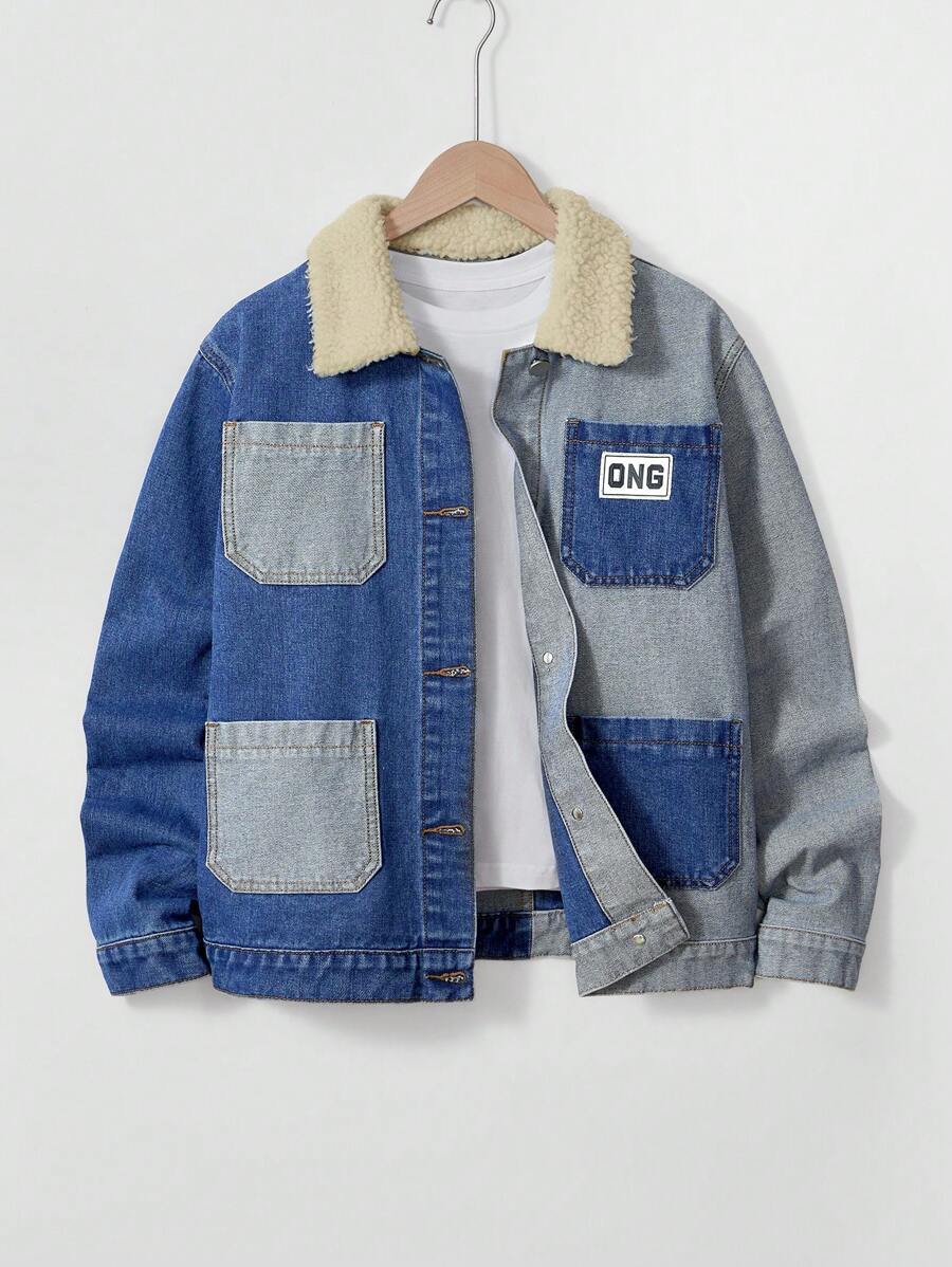 SHEIN Teen Boys Color Blocking Fluffy Collar Loose Denim Jacket