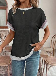 SHEIN LUNE Áo thun cổ tròn tay ngắn màu đơn giản - màu đen - Xem 3