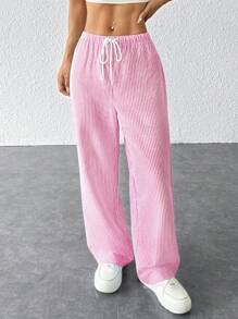 SHEIN PETITE Pantalones de lino de tiro bajo a rayas para mujer, vacaciones de verano - Rosa Fucsia - Ver 1