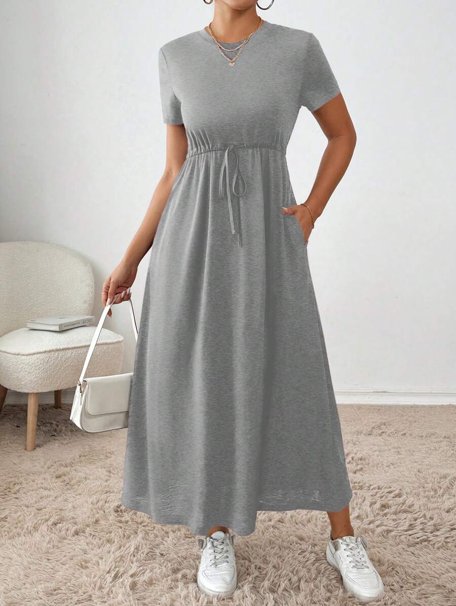 SHEIN Essnce 女士纯色圆领口袋夏季短袖休闲连衣裙 - 淺灰色 - 查看 1