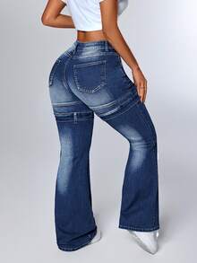 SHEIN ICON Women's Denim Flare Jeans With Ribbon Design, Casual And Versatile - Blue - View 2