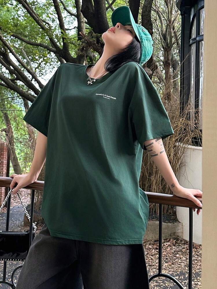 Women's Simple Printed Round Neck Short Sleeve T-Shirt, Graphic Tee Oversized T-Shirt Preppy Tops