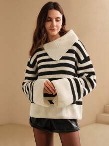Anewsta Striped Contrast Color Lapel Loose Urban Women Sweater, Knit Pullover Fall Winter - Apricot - View 6