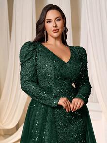 Faeriesty Plus Size Gigot Sleeve Mesh Patchwork High Slit Sequin Maxi Evening Dress - Dark Green - View 3