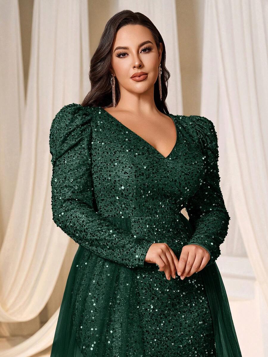 Faeriesty Plus Size Gigot Sleeve Mesh Patchwork High Slit Sequin Maxi Evening Dress - Dark Green - View 1