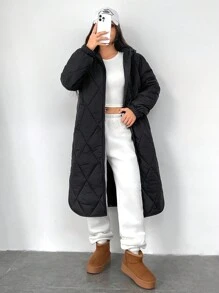SHEIN EZwear Black Long Hooded Padded Coat, Autumn/Winter - Black - View 1