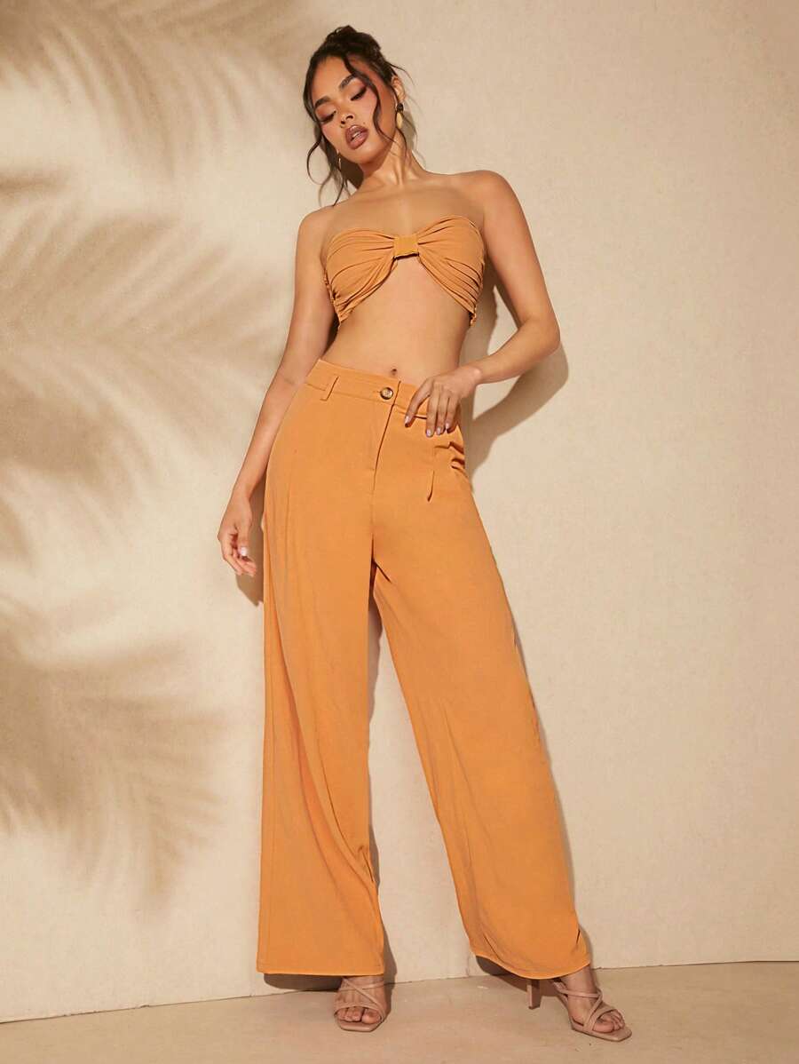 Hauture Conjunto de top con lazo y pantalones de pierna ancha estilo boho - Naranja - Ver 1