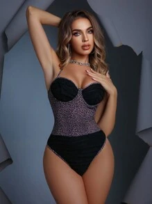 SHEIN Đồ lót hở lưng xếp nếp họa tiết da báo nhiều lớp dành cho nữ, Halloween - Rỉ Nâu - Xem 4