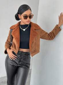 Teenage Girls American Casual Jacket, Warm Faux Suede Lapel Plush Lining - Camel - View 5