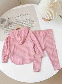 SHEIN 女婴针织弹力纯色连帽上衣和松紧腰裤套装，秋冬 - 粉色 - 查看 2