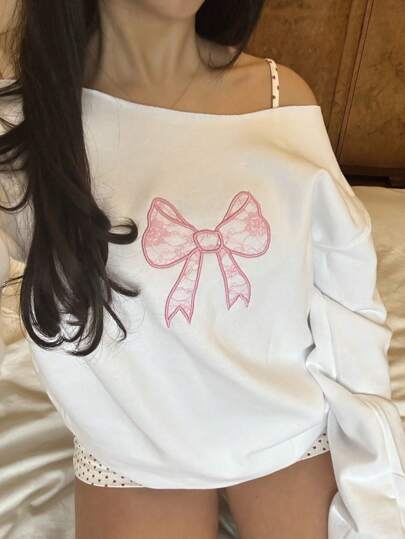 INAWLY Women's Casual Cute Bow Embroidery Sweatshirt, Asymmetrical Neck Top Graduation,Back To School Outfits,Graduation,Teacher Outfits For Women,Back To School Pullover Fall Outfit