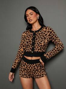 WESTFADE Cute Leopard Sweater Shorts - Brown - View 5