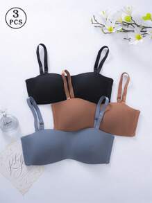 3PCS Wireless Padded Push Up Half Bra Bandeau Bralette With Adjustable Strap - Multicolor - View 1