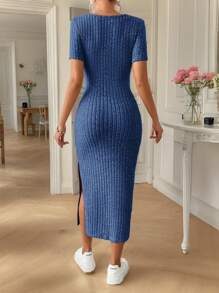 SHEIN Frenchy Square Neck Split Thigh Bodycon Textured Fabric Split Dress Summer Casual Blue - Blue - View 2