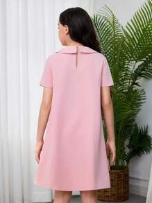 SHEIN Leap Crew Tween Girls Relaxed Fit 3D Floral Decor Peter Pan Collar Short Sleeve Solid Pink A-Line Dress - Pink - View 2