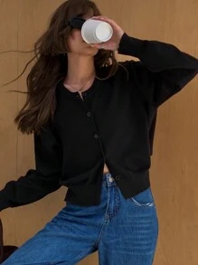 DAZY Áo khoác cardigan dài tay cổ tròn rộng rãi cho nữ - màu đen - Xem 7