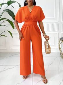 VaVaBold 純色蝙蝠袖腰帶連身褲 - 亮橙色 - 查看 5