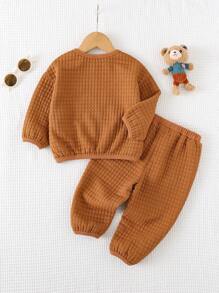 Cozy Pixies 2pcs Baby Boy Solid Color Knit Soft Round Neck Drop-Shoulder Sweatshirt And Ribbed Cuffs Pants Set - Brown - View 2