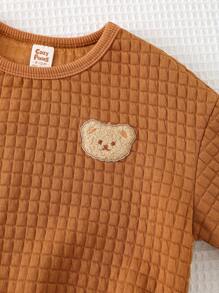 Cozy Pixies 2pcs Baby Boy Solid Color Knit Soft Round Neck Drop-Shoulder Sweatshirt And Ribbed Cuffs Pants Set - Brown - View 8