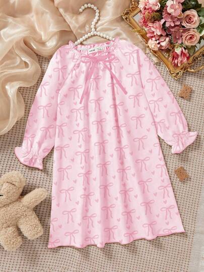 Young Girls New Cute Bear Print Long Sleeve Relaxed Comfy Nightgown