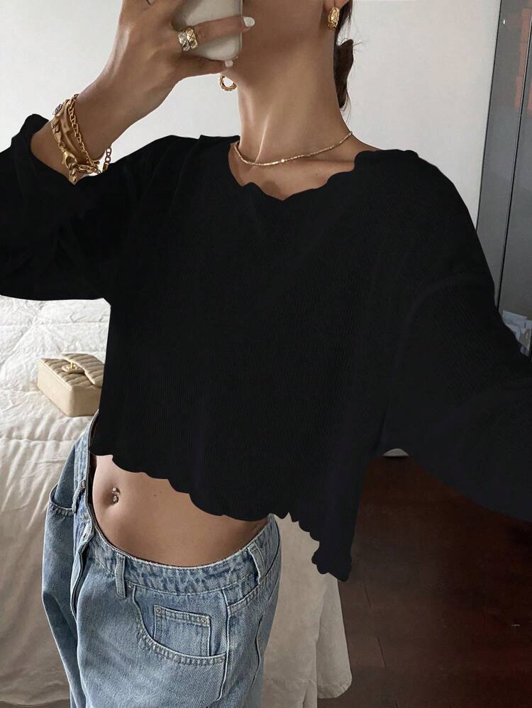 Women Solid Color Black Long Sleeve Cropped Top, Spring And Fall Going Out