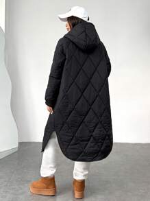 SHEIN EZwear Black Long Hooded Padded Coat, Autumn/Winter - Black - View 2