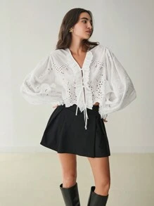 Enchnt Spring/Summer Romantic  French White Embroidered Ruffled Hem Lace-Up Autumn Long-Sleeved Blouse&Top, Sweet&Elegant For Wedding&Holiday &Sweet Date&Daily&Vacation&Bohemian - White - View 4