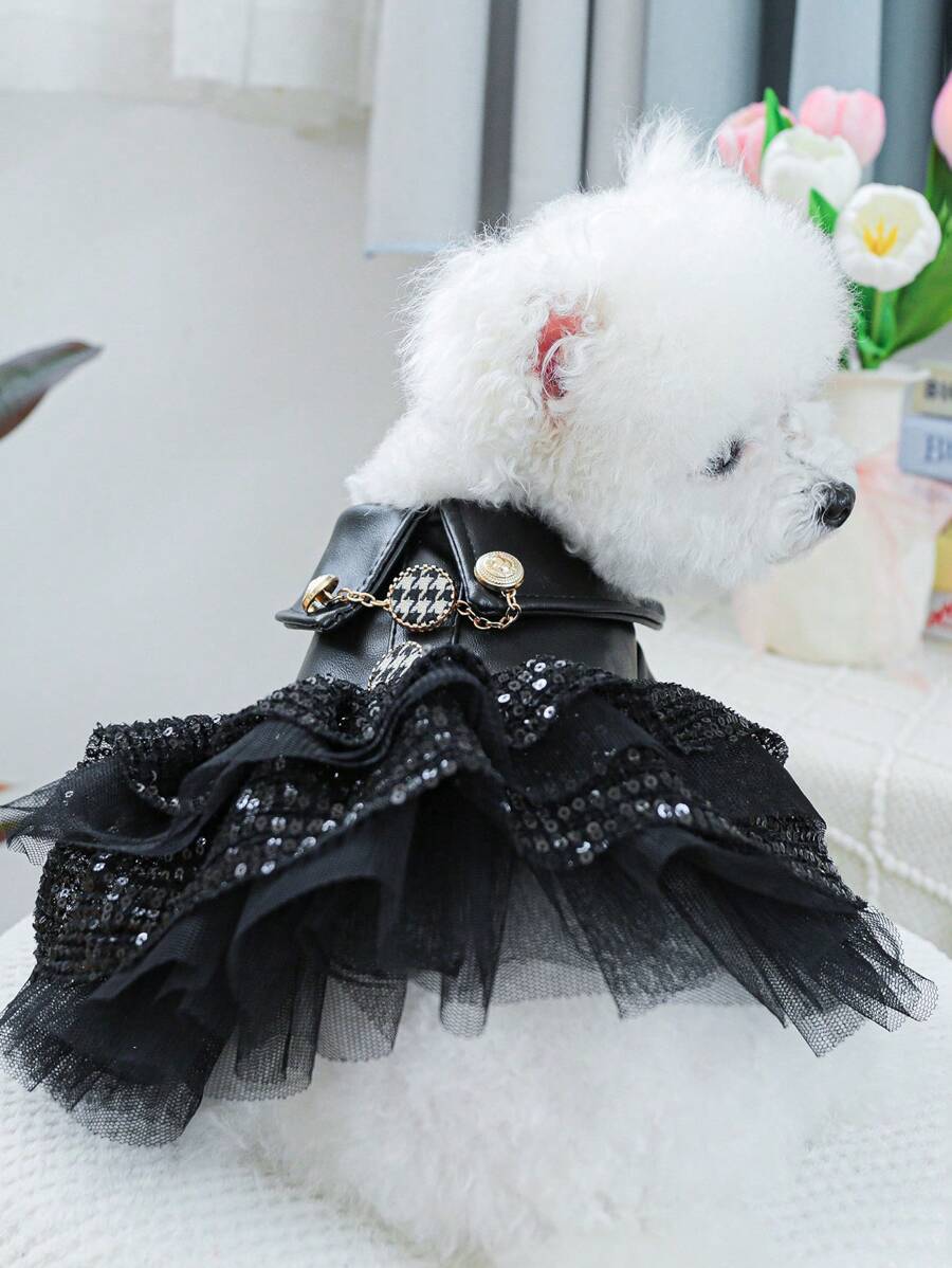 PETSIN 1pc Pet Black Sequin Patchwork Mini Skirt, Motorcycle Style Casual Dog Dress For Winter