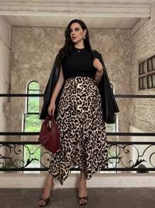 SHEIN Privé Falda envolvente asimétrica con anudado, de cintura alta con estampado de leopardo, para mujeres de talla grande - Multicolor - Ver 7
