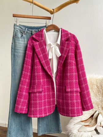 SHEIN Privé 大码优雅办公室和学校时尚复古格子长袖保暖冬季西装外套