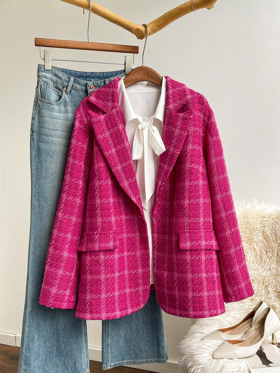 SHEIN Privé Blazer de manga larga elegante de talla grande para oficina y escuela, de estilo vintage a cuadros, cálido para el invierno - Rosa - Ver 1