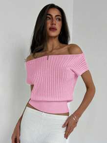 Aloruh Áo thun bó sát dệt kim hở vai thanh lịch dành cho nữ, màu trắng - Màu Hồng baby - Xem 3