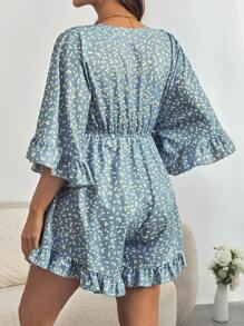 SHEIN 孕妇宽松蝴蝶结前开襟连体衣，适合城市度假 - 藍色 - 查看 2