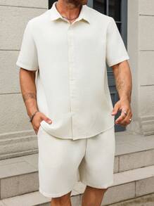 Manfinity Homme 2pcs Men's Plus Size Summer Casual Solid Color Short Sleeve Shirt & Shorts Set - Apricot - View 3