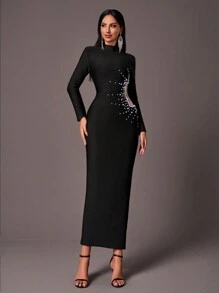 Glamrae 优雅黑色小高领长袖腰侧性感网眼透视立体花卉手工串珠渐变紧身长款重工业晚宴绷带礼服，正式晚会舞会礼服，适合婚礼嘉宾，毕业典礼 - 黑色 - 查看 6